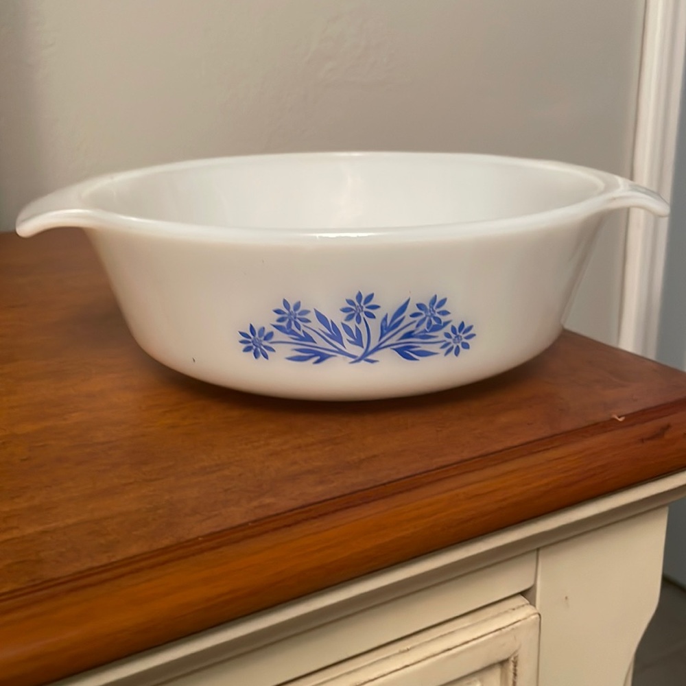 Vintage Fire King Blue Corn Floral Casserole Dish 1 Quart Milk Glass 50’s Era